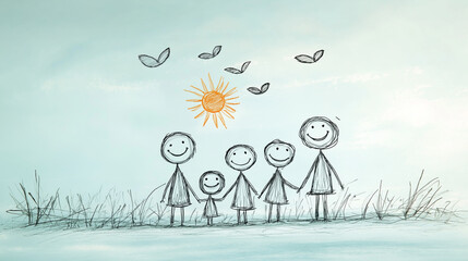 Joyful family stick figures with sun and butterflies in a minimalist pastel landscape