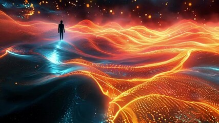 Poster - Businessman stands on a glowing digital landscape, symbolizing the challenges and rewards of financial markets