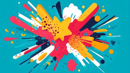 Poster - Colorful explosion graphic showcasing vibrant shapes and splashes on a bright background, ideal for creative projects or designs.