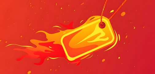Poster - Vibrant abstract illustration of a yellow tag with flames against a red background, creating a dynamic and energetic feel.