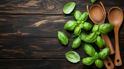 Sticker - Fresh basil leaves and wooden spoons on a rustic wooden table.