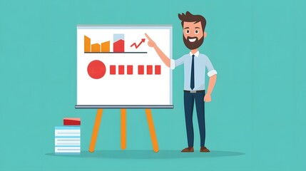 Poster - A professional man presenting a growth chart on a flip chart, symbolizing business success and analytics in a modern workspace.