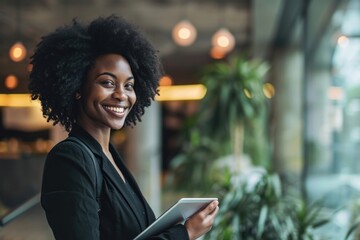 Sticker - Black business woman smiling whild holding a tablet computer smile adult.