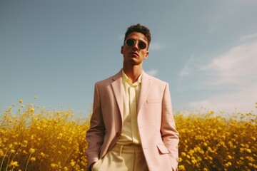 Poster - A men wear white portrait sunglasses outdoors.