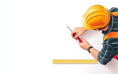 A construction worker using a measuring tape, industrial precision tools, flat design, isolated on white background