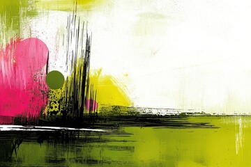 abstract painting with pink, green, and black shapes