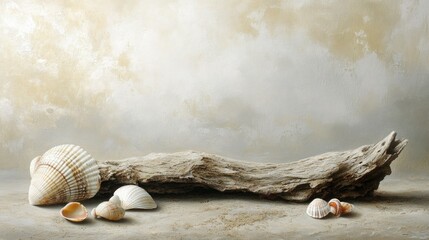 Poster - Seashells and Driftwood on a Sandy Surface