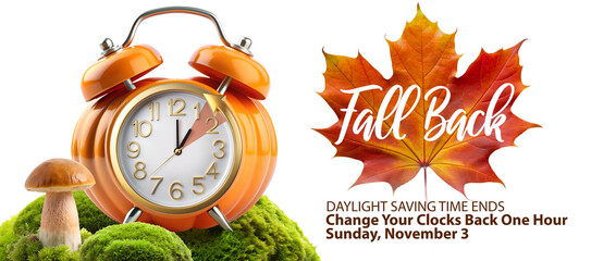 Wall Mural - Daylight Saving Time Ends. Fall Back info banner with clock instruction to turning clock back one hour at November 3, 2024 with text reminder - Set Your Clocks Back One Hour.