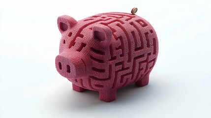 3D Piggy Bank Maze with Coin Path Concept - Isolated Vector Illustration of a Piggy Bank Maze with Coin Rolling Through, Symbolizing Personal Finance Complexities and Savings Strategies on White Backg