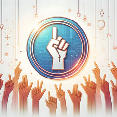 Wall Mural - Flat Holographic Human Rights Badge with Floating Hands - A Medium Shot Vector Illustration Representing Equality and Justice on White Background with Ample Copy Space for Your Message