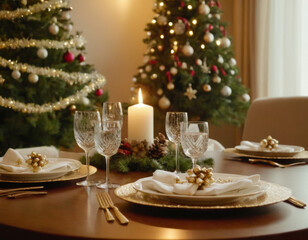 Elegant beautiful table setting to Christmas eve, New year celebrations against decorated Christmas tree in living room