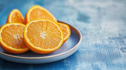 Wall Mural - Sliced oranges on a blue plate on a blue wooden table.