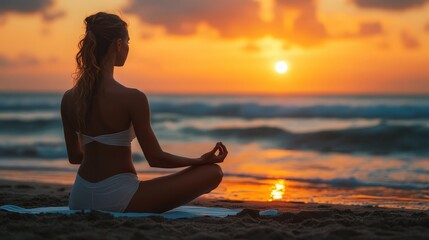 A serene sunset yoga session on the beach with ocean waves in the background, creating a peaceful atmosphere for mindfulness practice