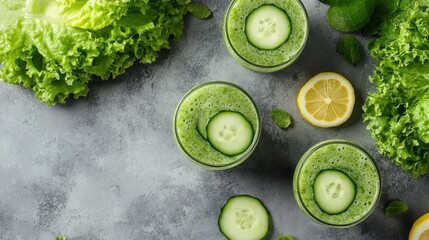 Wall Mural - Three glasses of green smoothie with cucumber, lettuce, lemon and mint on a gray background.