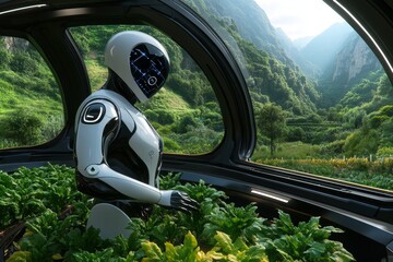 Poster - A futuristic agricultural system where food is grown in climate-controlled greenhouses, using AI to optimize resource use