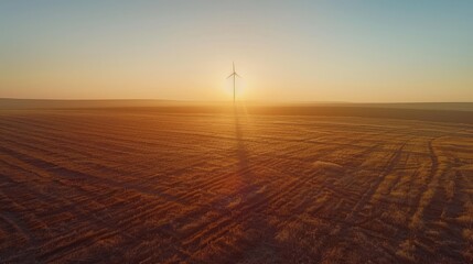 Solitary Sentinel Majestic Wind Turbine Silhouette in Golden Sunrise Field