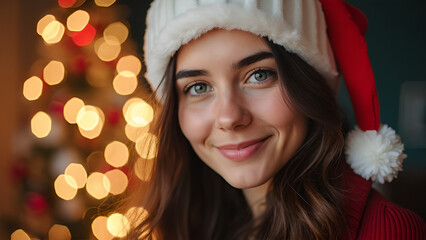 Beautiful young woman in Santa Claus hat on background of christmas lights