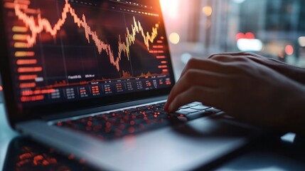 Poster - A person's hands are typing on a laptop, with a stock market chart displayed on the screen.