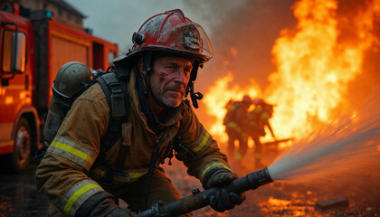 Professional firefighter standing in front of fire blaze. Fireman rescuer hero at work