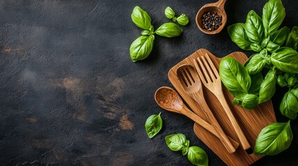 Poster - Wooden kitchen utensils with basil leaves and peppercorns on dark background.