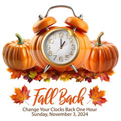 Wall Mural - Daylight Saving Time Ends. Fall Back informational banner with pumpkin clock that turns the clock back an hour, fall leaves and text instructions for turning the clock back an hour on November 3, 2024
