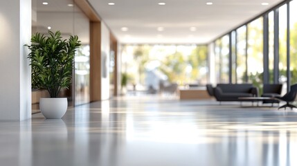 Poster - Modern office interior with plants and seating, emphasizing a bright and open atmosphere.
