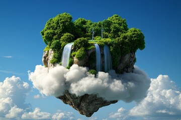 Poster - A futuristic floating island in the sky, with waterfalls flowing into clouds and lush forests sustained by clean energy sources