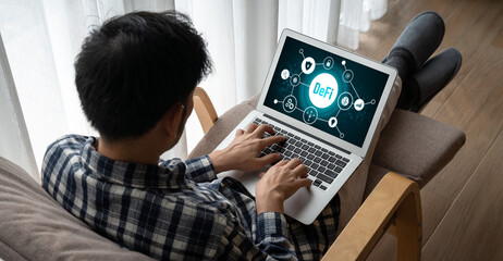 Decentralized finance or DeFi concept on modish computer screen . The defi system give new choice of investment and money saving .
