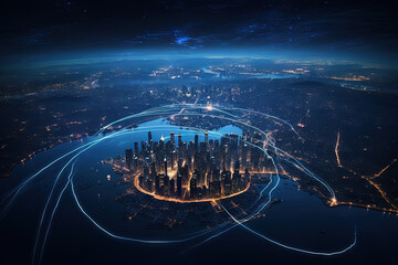 Wall Mural - Futuristic city aerial view at night. Structure of sci-fi metropolis with neon lights from the bird view