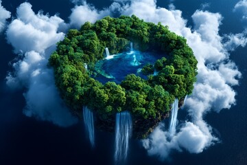 Poster - A futuristic floating island in the sky, with waterfalls flowing into clouds and lush forests sustained by clean energy sources