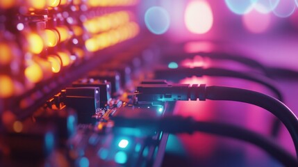 Poster - Close-up of electronic equipment with illuminated lights and cables, suggesting a tech environment.