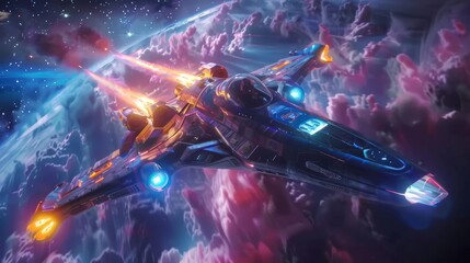 Wall Mural - cinematic 3d animation of a space-themed simulator ride, taking viewers on an exhilarating journey t