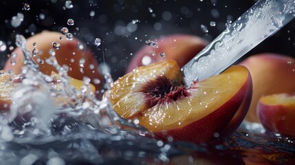 Juicy Peach Delight Vibrant CloseUp of Fresh Fruit Being Sliced with Glistening Juice Against Sharp Knife Refreshing and Mouthwatering Image for Food Lovers and Culinary Enthusiasts