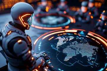 Poster - A futuristic military command center with glowing digital maps, advanced AI systems, and tactical teams using holograms to coordinate global operations