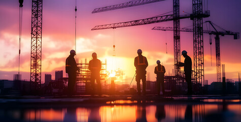 Wall Mural - Engineer and construction team silhouettes working at site over blurred background with light fair. Together, we created this image using multiple reference images.