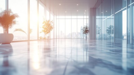 Poster - Bright, modern office space with large windows and polished floors, showcasing an urban view.