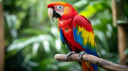 Poster - Vibrant Scarlet Macaw on Branch in Lush Greenery