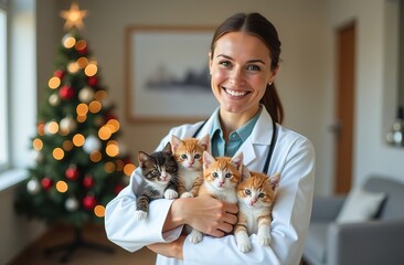 A female veterinarian holds kittens in her arms. There is a Christmas tree in the background. Christmas celebration at the veterinary clinic.