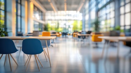 Poster - Modern office space with tables and chairs, featuring large windows and greenery.