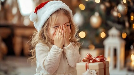 Wall Mural - A joyful child in a Santa hat surprised by a festive gift beneath a beautifully decorated Christmas tree