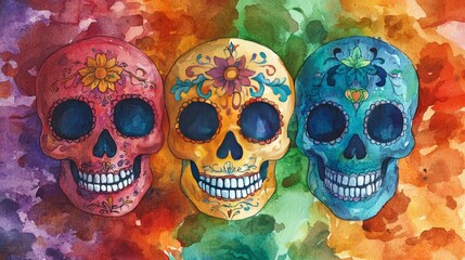 Wall Mural - Day of the Dead skulls in a colorful watercolor illustration.