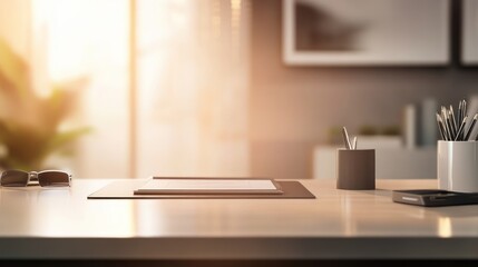 Poster - A serene workspace with a notebook, pens, and sunglasses, illuminated by warm sunlight.
