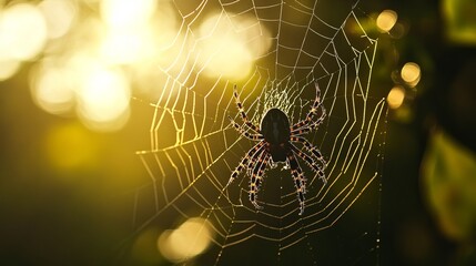 A spider in a web with a blurred silhouette against a naturally green backdrop. a focused selection. superior quality image.