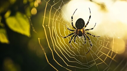 A spider in a web with a blurred silhouette against a naturally green backdrop. a focused selection. superior quality image.