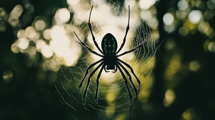 A spider in a web with a blurred silhouette against a naturally green backdrop. a focused selection. superior quality image.