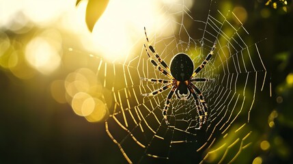 A spider in a web with a blurred silhouette against a naturally green backdrop. a focused selection. superior quality image.