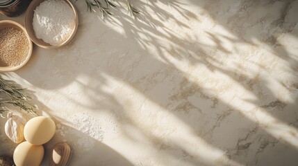 Poster - Minimalist Kitchen Flat Lay with Flour, Rice, Eggs, and Rosemary Sprigs