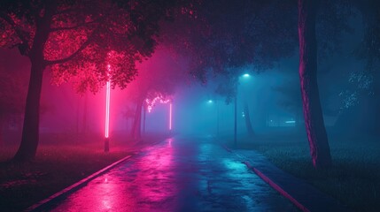 Wall Mural - mysterious night scene with fog and neon lights