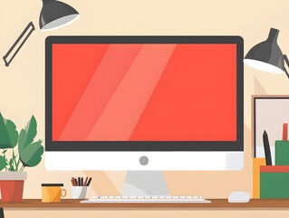 Poster - A modern, vibrant workspace featuring a stylish computer monitor, plants, and organized stationery on a wooden desk.