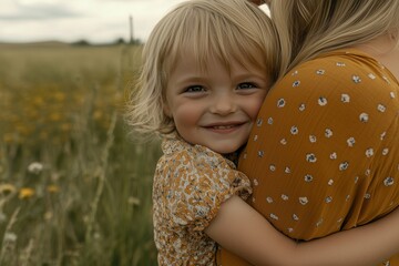 A young girl is being hugged by a woman in a yellow dress